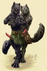animal_genitalia animal_penis anthro bottomwear canid canine canine_genitalia canine_penis canis claws clothing duo etrection genitals hi_res kilt male male/male mammal negy open_mouth open_smile penis smile standing wolf