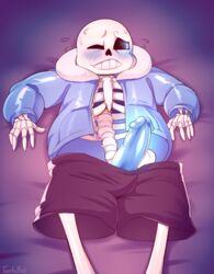 1boy 2015 animated_skeleton bed blue_blush blue_penis blush blushing bone clothed clothes ectopenis embarrassed erect_penis erection glowing glowing_penis leaking_penis leaking_precum lizardbat_(artist) male male_only nervous penis penis_out pov precum precum_leaking precum_on_penis sans skeleton skull solo solo_male sweat tentabat undertale undertale_sans