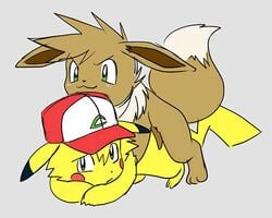 all_fours ambiguous_gender ash_ketchum ashchu blush brown_eyes brown_fur doggy_style eevee from_behind fur green_eyes hat hiti male nintendo pikachu pokemon pokemon_(species) satoshi_(pokemon) sex video_games yellow_fur