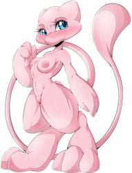 2015 anthro anthrofied areolae blue_eyes breasts digitigrade female legendary_pokemon mammal mew nintendo nude pokemon pokemon_(species) pokemorph pussy simple_background solo straight_hair suddenhack white_background