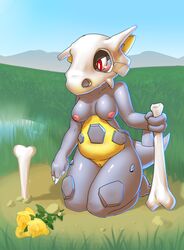 2015 anthro bone breasts cubone elpatrixf female flower grave inverted_nipples kangaskhan mega_evolution mega_kangaskhan nintendo nipples nude plant pokémon_(species) pokemon pokemon_(species) pokemorph pussy red_eyes rose solo straight_hair white_sclera yellow_rose