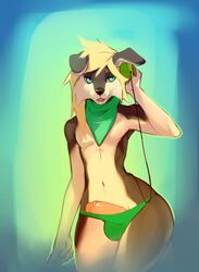 2015 anthro atty bandana blonde_hair border_collie canine canine clothed clothing collie facial_piercing floppy_ears front_view fur girly green_eyes hair half-dressed headphones humanoid_penis lip_piercing long_hair looking_away lost-paw male mammal multicolored_fur open_mouth panties penis piercing poking_out smile snakebite_piercing solo standing three-quarter_portrait topless two_tone_fur underwear wide_hips