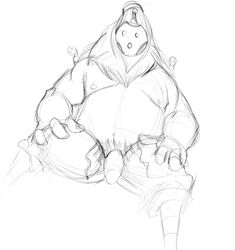 bard_(league_of_legends) beard cathricorn chubby clothed clothing facial_hair flaccid hair half-dressed humanoid_penis league_of_legends long_hair male male_only mask navel nipples open_pants pants penis pubes simple_background sitting sketch solo unzipped video_games