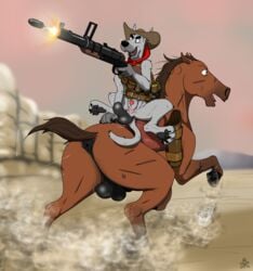 absurd_res animal_genitalia anthro anus balls bandana canine canine_penis clothing dangerdoberman equine feral furry furry_only grenade_launcher hat hi_res hooves horse male mammal penis ranged_weapon sagging_balls sitting swinging_balls weapon