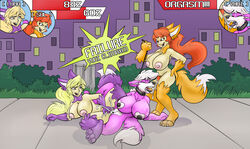 anthro_only blonde_hair breasts bush canine city collar cunnilingus disgaea fan_character feline female forced fur furfragged game_over grin group group_sex hair health_bar huge_breasts leash mammal nekomata_(disgaea) nipples oral orange_fur orgasm penetration pink_fur public purple_fur pussy rape red_hair sex threesome tribadism vaginal_penetration video_games white_hair wolf yuni_hermit yuri