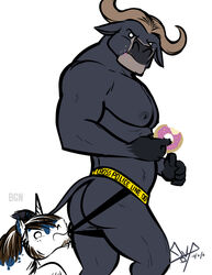 2015 ass bgn chief_bogo coppertone disney doughnut duo equine food furry furry_only half-dressed horn jockstrap looking_back male male_only mammal nipples officer simple_background size_difference standing topless underwear unicorn water_buffalo white_background zootopia