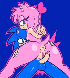 2015 amy_rose anthro anus ass balls big_anus blue_fur breasts duo erection female fur green_eyes hedgehog humanoid_penis looking_back male mammal naked nipples nude penis pink_fur puffy_anus pussy sideboob smile sonic_(series) sonic_the_hedgehog straight thanu