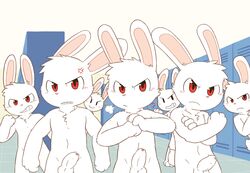 animated boxers brief bulge changing_room erection furry half-dressed lagomorph locker_room male male_only mammal nude oob original_characters penis pink_nose rabbit red_eyes topless underwear