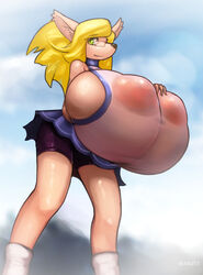 anthro big_breasts blonde_hair breast_squish breasts canine canine clothing erect_nipples eyewear glasses green_eyes hair huge_breasts hyper hyper_breasts mammal merveille_million nipples solatorobo tight_clothing wabutt