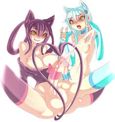 1boy 1futa ahe_gao androgynous areolae armsocks balls blush breasts cat_ears cat_tail catboy catgirl cleavage cock_ring cum dickgirl femboy futa_is_bigger futa_on_male futanari girly hands-free high_school_dxd intersex koneko_toujou kuroka_(high_school_dxd) necrosmos nipples penis penis_size_comparison penis_size_difference socks stockings testicles thighhighs trap voluptuous