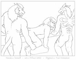 2002 anthro digimon drhoz erection feline final_fantasy final_fantasy_vii fur group group_sex hair imminent_sex leomon line_art lion male mammal monochrome nude penis red_xiii sex simple_background threesome weregarurumon white_background yaoi