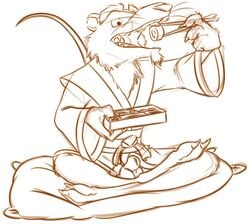 1boy 4_fingers anthro balls bottomless claws clothed clothing eating food half-dressed male male_only mammal master_splinter rat rodent sheath sketch solo sushi tagme teenage_mutant_ninja_turtles weaselgrease