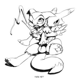 anal anal_sex anthro balls bandana barefoot big_dom_small_sub canine cum cum_while_penetrated digimon erection fox greyscale hands-free humanoid_penis imp impmon lifted male mammal monochrome nude one_eye_closed open_mouth orgasm penetration penis questionable_consent renamon rough shallow_penetration sitting size_difference spread_legs spreading tight_fit xylas yaoi
