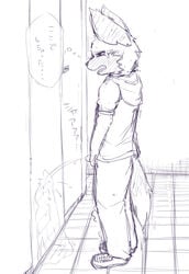 anthro canine clothing crying holding_penis hoodie japanese_text male mammal manoreo monochrome omorashi open_mouth pants peeing penis shaking solo tears text tongue tongue_out translation_request trembling uncut urine watersports