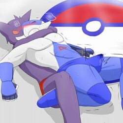 anthro bigger_version_at_the_source blush bulge clothed clothing cum duo erection fight forced gengar latios legendary_pokemon male nintendo pokemon pokemon_(species) sweat tsubasa1110 video_games wrestling yaoi