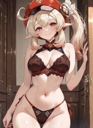 ai_generated black_bra blonde_female door genshin_impact klee_(genshin_impact) light-skinned_female red_eyes standing standing_female underwear