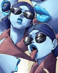 1girls 2d 2d_artwork adventure_time blue_body blue_hair blue_lipstick blue_skin clothed cloudiel female female_focus female_only glasses looking_at_viewer patience_st._pim simple_background suggestive sunglasses tongue tongue_out