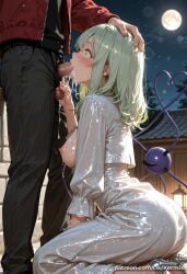 1boy 1girl ai_generated blush breasts breasts_out censored cum cum_in_mouth cum_on_breasts dress fellatio from_side full_moon green_eyes green_hair hand_on_another's_head heart heart_of_string hetero kermixx komeiji_koishi large_breasts medium_hair moon mosaic_censoring night night_sky nipples oral outdoors pants penis profile see-through sky solo_focus testicles third_eye touhou wet white_dress