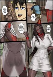 1boy 1girls big_breasts birthday birthday_hat bleached brunette choker commission dark-skinned_female dark_skin iiimp long_hair original original_character oversized_clothes oversized_shirt queen_of_hearts ribbon tattoo white_body