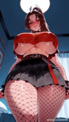 1girl ai_generated balecxi belt black_skirt blush brown_eyes brown_hair chain choker crop_top crop_top_overhang fatal_fury fishnet_pantyhose fishnets from_below high_ponytail huge_breasts indoors king_of_fighters long_hair looking_at_viewer mai_shiranui pantyhose parted_bangs patreon_username pleated_skirt red_shirt snk solo thick_thighs underboob