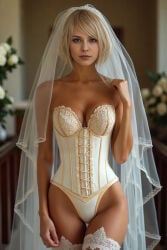 ai_edit ai_generated ashley_graham ashley_graham_(ella_freya) big_breasts blonde_hair blue_eyes bridal_lingerie bridal_stockings bridal_veil bride church corset edit edited exhibitionism hourglass_figure indoors inside lace-trimmed_stockings lace-trimmed_thighhighs lace_corset looking_at_viewer marriage resident_evil resident_evil_4 resident_evil_4_remake revealing_clothes short_hair stockings veil wedding wedding_ceremony wedding_lingerie wedding_veil young younger_female
