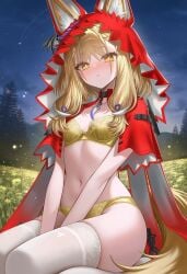 ai_generated arknights arknights:_endfield blonde blonde_female forest fox_ears golden_bikini red_hoodie yellow_eyes yellow_hair