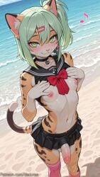1girl ahoge ai_generated animal_ear_fluff animal_ears bangs beach black_choker black_sailor_collar black_skirt blush bowtie breasts choker closed_mouth clothes_lift collarbone day decurse earrings erection furry green_eyes green_hair hair_between_eyes hair_ornament hairclip heart heart-shaped_pupils jewelry leopard_ears leopard_tail looking_at_viewer male_focus musical_note navel nipples ocean otoko_no_ko outdoors penis pink_thighhighs pleated_skirt red_bowtie sailor_collar sand school_uniform single_thighhigh skirt smile solo standing sunna_(zenless_zone_zero) tail testicles thighhighs uncensored water zenless_zone_zero