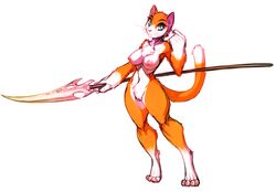 anthro breasts digitigrade feline female full-length_portrait full_length fur looking_at_viewer mammal melee_weapon nude orange_fur polearm portrait pussy simple_background solo standing watsup weapon white_background
