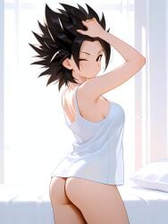 1girl absurd_res absurdres ai-created ai-generated ai_art ai_generated arm_up arms_up artist_name ass athletic_female bare_arms bare_shoulders bed black_eyes black_hair boobs bottomless breasts bust caulifla chest closed_mouth cowboy_shot dragon_ball dragon_ball_super dragon_ball_z female fit_female from_behind gumtoof hi_res high_quality high_resolution looking_at_viewer looking_back medium_breasts morning one_eye_closed patreon patreon_username pillow questionable shirt sideboob sleeveless solo solo_focus spiked_hair stable_diffusion standing tagme tank_top tits uncensored waking_up white_shirt white_tank_top window