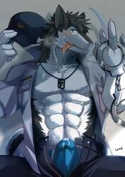 1boy abs anthro bigger_version_at_the_source black_fur blue_eyes blush bulge chest_tuft claws clothing discordnight dog_tags fur guangyan_(artist) handcuffs hat male male_only mammal muscular nude open_clothes open_pants open_shirt pants pecs precum sergal shackles shirt solo sweat tongue tongue_out tuft underwear white_fur