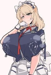 1girls 2025 alternate_version_available big_breasts blonde_hair blush breast_milk centaureissi_(girls'_frontline_2) g36_(girls'_frontline) girls'_frontline girls'_frontline_2:_exilium huge_breasts lactation lactation_through_clothes maid maid_headdress solo solo_female tagme two_handy