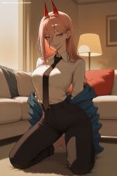 1girl ai_generated bangs black_neckwear black_pants breasts business_suit chainsaw_man collared_shirt demon_girl demon_horns hi_res high_quality high_resolution horns jacket long_hair looking_at_viewer necktie neckwear pants patreon pink_hair power_(chainsaw_man) seductive sexy sharp_teeth shirt shirt_tucked_in smile solo teeth uncensored watermark white_shirt