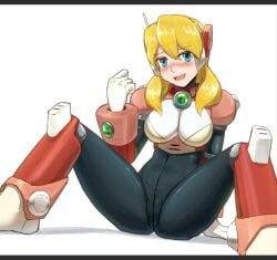 1girls alia armor artist_request big_breasts black_bodysuit blonde_hair blue_eyes blush bodysuit clothing long_hair mega_man mega_man_x open_mouth ready_for_sex robot_girl separated_legs solo solo_female white_background white_gloves