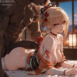 1boy 1girl abs ai_generated arm_tattoo ass bandaged_arm bandaged_leg bandages bare_shoulders blonde_hair blurry blurry_background blush bracelet breasts chest_tattoo choker clothed_female_nude_male dark-skinned_male dark_skin earrings erection flower_tattoo genshin_impact hair_ornament hetero indoors interracial japanese_clothes jewelry kimono large_breasts large_penis looking_at_viewer lying makeup medium_breasts muscular muscular_male nipples nude obi on_stomach orange_kimono parted_lips penis ponytail red_choker sarashi sash smile tattoo thighs uncensored vantawaifu veins veiny_penis yellow_eyes yoimiya_(genshin_impact)