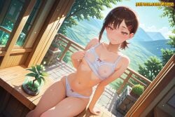 1girl ai_generated arm_support bare_shoulders blue_bra blue_panties blue_sky blush bra breasts brown_eyes brown_hair chainsaw_man closed_mouth clothes_lift collarbone day eyebrows_visible_through_hair hair_ornament hairclip hand_on_own_chest hand_up head_tilt higashiyama_kobeni kobeni_higashiyama lifted_by_self looking_at_viewer medium_breasts medium_hair medium_shot navel nipples outdoors panties plant potted_plant see-through sky small_breasts solo standing stomach sunlight tree underwear white_bra white_panties wooden_floor