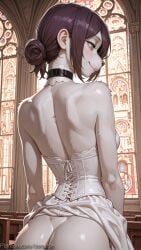 1girl ai_generated ass back bare_shoulders black_choker black_hair blush breasts chainsaw_man choker church corset decurse dress from_behind furry furry_female green_eyes hair_bun indoors looking_back reze_(chainsaw_man) short_hair single_hair_bun smile solo stained_glass web_address white_dress