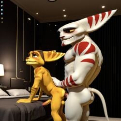 2boys age_difference ai_generated alister_azimuth anal anal_sex anthro anthro_on_anthro bent_over bent_over_bed blush blushing feline feline_humanoid furry gay gay_male green_eyes hotel_room hydrai lombax looking_up male male/male male_only orange_fur pleasure_face ratchet_(ratchet_and_clank) ratchet_and_clank red_eyes size_difference smile striped_body stripes white_fur
