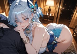1boy 1girl ai_assisted ai_generated ass bangs bare_shoulders blue_eyes blue_hair blush bracelet breasts cleavage curvaceous curvy curvy_female curvy_figure dress earrings female girl_on_top hair_between_eyes hair_ornament heart-shaped_pupils honkai:_star_rail honkai_(series) indoors jewelry large_breasts long_hair looking_at_viewer lying miyuai nail_polish silver_hair sleeveless smile solo_focus symbol-shaped_pupils thick thick_ass thick_butt thick_hips thick_legs thick_thighs thighs voluptuous voluptuous_female wide_hips wide_thighs yao_guang_(honkai:_star_rail)