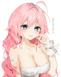 1girl 1girls 3am absurdres big_breasts blue_eyes breasts cleavage dayshiart dress earrings female hair_between_eyes highres jewelry large_breasts long_hair looking_at_viewer messy_hair olivia_monroe pink_hair smile solo tits upper_body virtual_youtuber vtuber white_dress