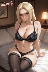 1girl ai_generated arm_support artist_name bare_arms bare_shoulders bed black_bra black_panties black_thighhighs blonde_hair blurry blurry_background blush bra breasts brown_eyes cleavage closed_mouth collarbone feet_out_of_frame groin indoors lace-trimmed_bra lace-trimmed_panties lace_trim lamp lantern large_breasts lingerie lips long_hair looking_at_viewer mature_female mionety mole naruto naruto_(classic) naruto_(series) naruto_shippuden navel on_bed panties parted_bangs pillow plant potted_plant sitting skindentation solo stomach thighhighs thighs tsunade tsunade_(naruto) underwear underwear_only