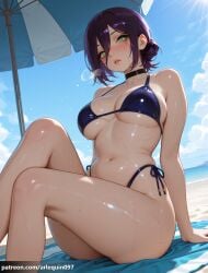 1girl ai_generated arlequin097 arm_support bare_arms bare_legs bare_shoulders beach beach_towel beach_umbrella bikini black_bikini black_choker black_hair blue_bikini blue_sky blush breasts breath chainsaw_man choker cloud collarbone day feet_out_of_frame green_eyes hair_between_eyes hair_bun heavy_breathing highleg highleg_bikini knees_up large_breasts legs lips looking_at_viewer navel ocean outdoors parted_lips purple_hair reze_(chainsaw_man) sand shiny_skin short_hair side-tie_bikini_bottom single_hair_bun sitting skindentation sky solo stomach string_bikini sun sunlight sweat swimsuit thighs towel umbrella underboob water wet