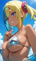 1girls ai_generated beach below_view bikini blue_eyes blue_hair canari_(pokemon) canary_(pokemon) nintendo pigtails pokemon pokemon_legends:_z-a side_view silver_bikini sky smiling yellow_hair