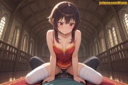 1girl ai_generated bandages bangs black_panties blush breasts brown_hair brown_skirt camisole cleavage collarbone covered_nipples cowboy_shot day depth_of_field eyebrows_visible_through_hair hair_between_eyes indoors kono_subarashii_sekai_ni_shukufuku_wo! looking_at_viewer medium_breasts medium_hair medium_shot megumin no_shoes orange_eyes panties red_camisole red_eyes red_skirt sitting sitting_on_person skirt solo_focus straddling thighhighs underwear wide_shot wooden_floor