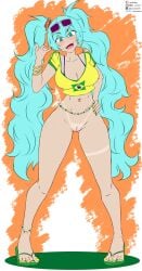 1girl 1girls aqua_eyes aqua_hair belly_button brazilian brazilian_flag brazilian_miku breasts digital_media_(artwork) exhibitionism exposed_pussy fangs female_only genitals hatsune_miku jhonnyrex large_breasts looking_at_viewer no_panties open_mouth oppai patreon_username pussy pussy_peek sandals simple_background sunglasses sunglasses_on_head tan_body tanlines thick_thighs twintails vagina vocaloid waifu