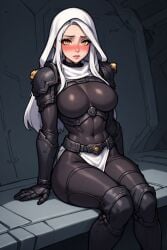 adepta_sororitas ai_generated ai_slop armored_female blushing cleric embarrassed hood sitting skin_tight skinsuit toned_female warhammer_40k white_hair yellow_eyes