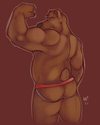 ass bear chubby clothing colored flexing horrorbuns jockstrap looking_at_viewer male male_only mammal mooning muscular pecs rear_view red_background simple_background solo underwear