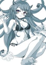 1girl ass ass_visible_through_thighs bikini blush breasts colored_skin duel_masters faerie feet female medium_breasts seductive smile snowflake soles solo swimsuit thighs toes white_skin