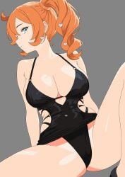 1girl absurdres ahoge aqua_eyes bare_shoulders big_breasts black_shoes breasts cleavage commentary_request eyelashes game_freak grey_background hair_ornament heart heart_hair_ornament highres long_hair nintendo orange_hair pokemon pokemon_ss pokemon_sword_and_shield pokemon_swsh ponytail shiny_skin shoes side_ponytail simple_background sitting solo sonia_(pokemon) thighs