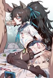 2026 2d 2d_(artwork) 3boys bed black_hair blue_eyes blush breasts cat_(battle_cats) cat_ears cock color colored condom condom_balloon cum cum_drip cum_inside dick digital_media_(artwork) double_penetration ebora fellatio female hair hi_res interracial kasli_the_bane legs legwear light-skinned_female light_skin long_hair male male/female nyanko_daisensou on_bed oral oral_sex penetration recording simple_background skirt small_breasts sweat sweatdrop the_battle_cats thick_thighs thighs tied tied_hands used_condom video_game_character video_games white_background white_body white_skin