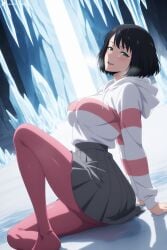 1girl ai_generated black_hair blush breasts breath digitalwaifugallery green_eyes grey_skirt han_song-yi hi_res high_quality high_resolution hood hood_down hoodie ice knee_up large_breasts long_sleeves looking_at_viewer no_shoes open_mouth pantyhose patreon pleated_skirt red_pantyhose seductive sexy short_hair sitting skirt smile solo striped_clothes uncensored watermark white_hoodie